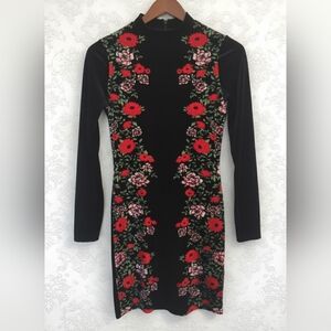 ​H&M Divided Black Velvet Floral Mini Dress Mock Neck Long Sleeve Size 8